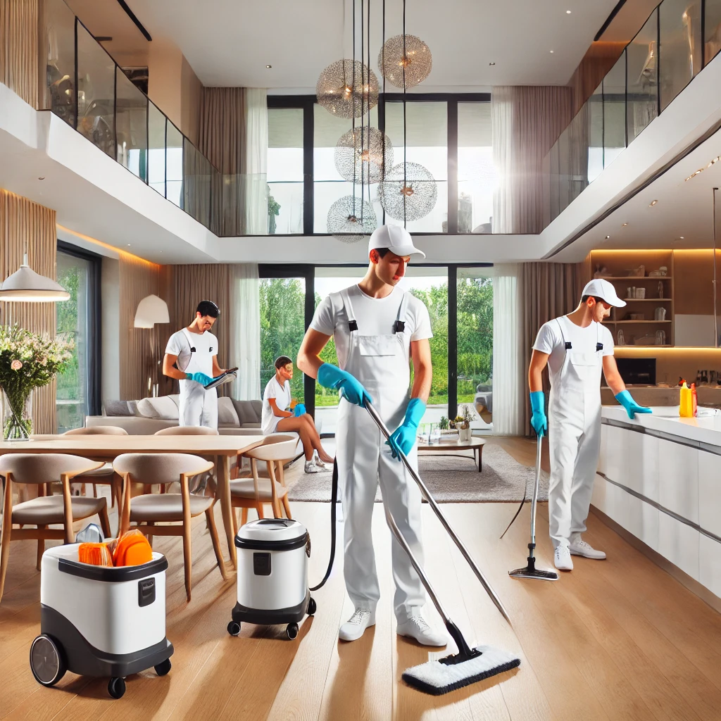 Antalya Öz&Ay Ev Temizliği 1 DALL·E 2025 03 05 14.29.27 A professional cleaning service team working in a modern villa in Belek Turkey. The team is dressed in clean uniforms using high quality cleaning eq